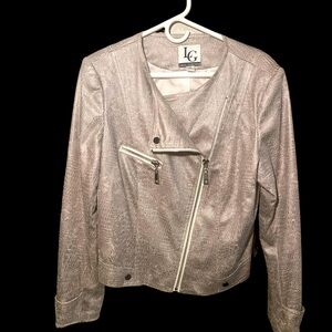 Lena Gabrielle Faux Leather Snakeskin Cropped Moto Jacket Pewter Size 14